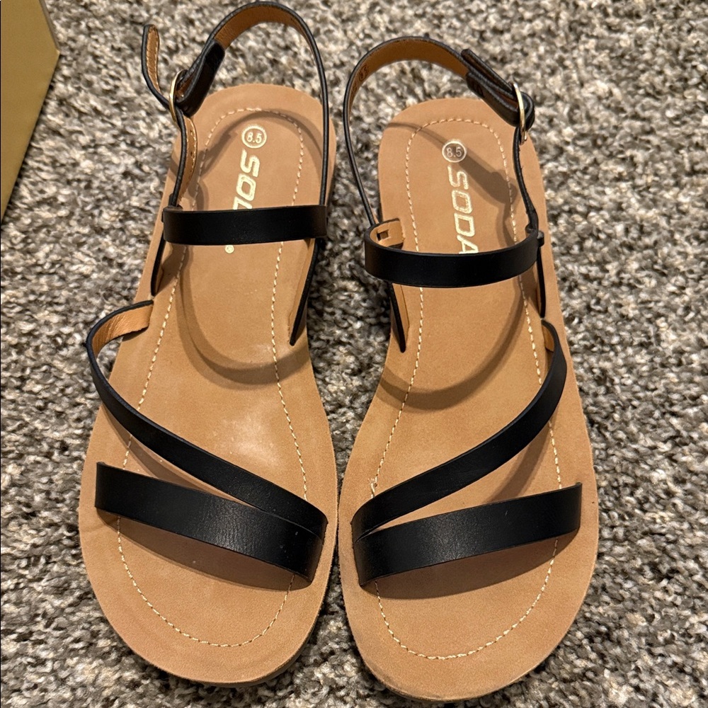 Soda Women's Black and Tan Strappy Sandals